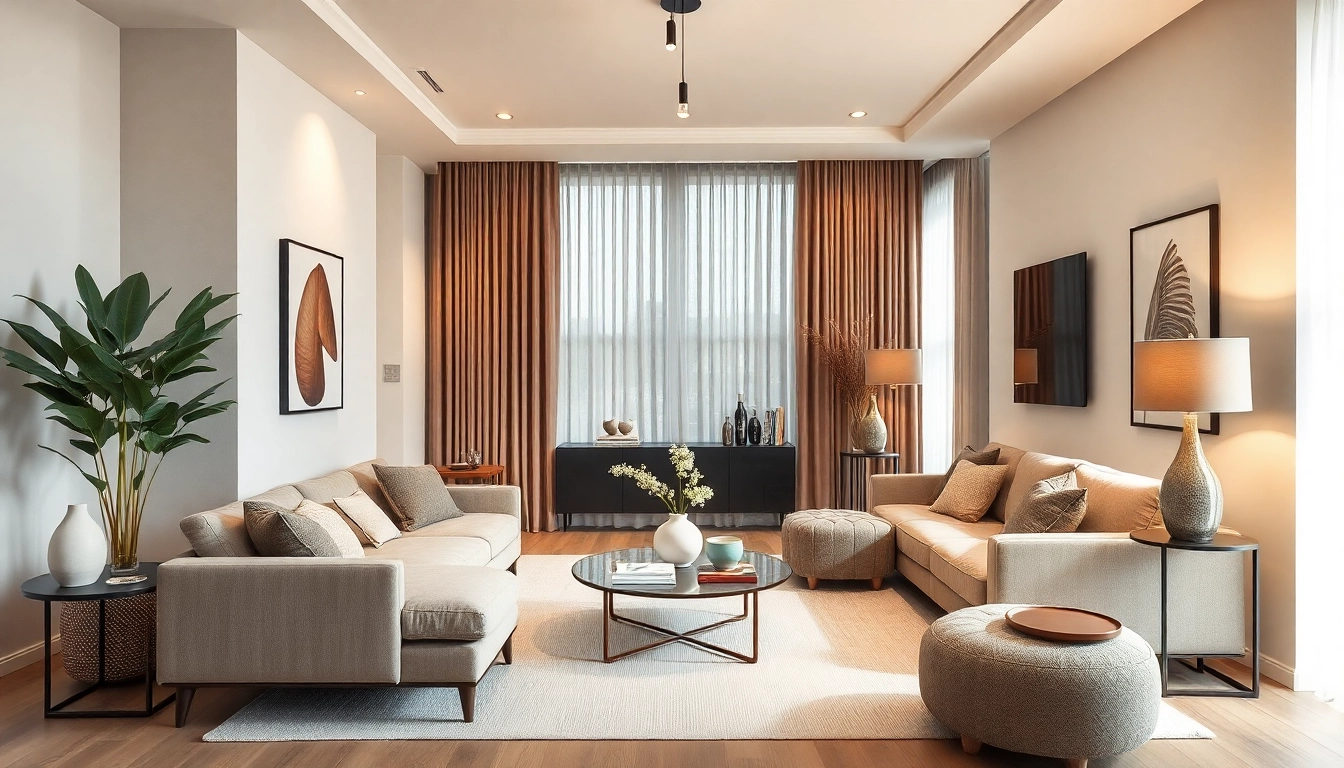 Showcasing an entire interior of a modern living room with elegant furniture and warm textures.