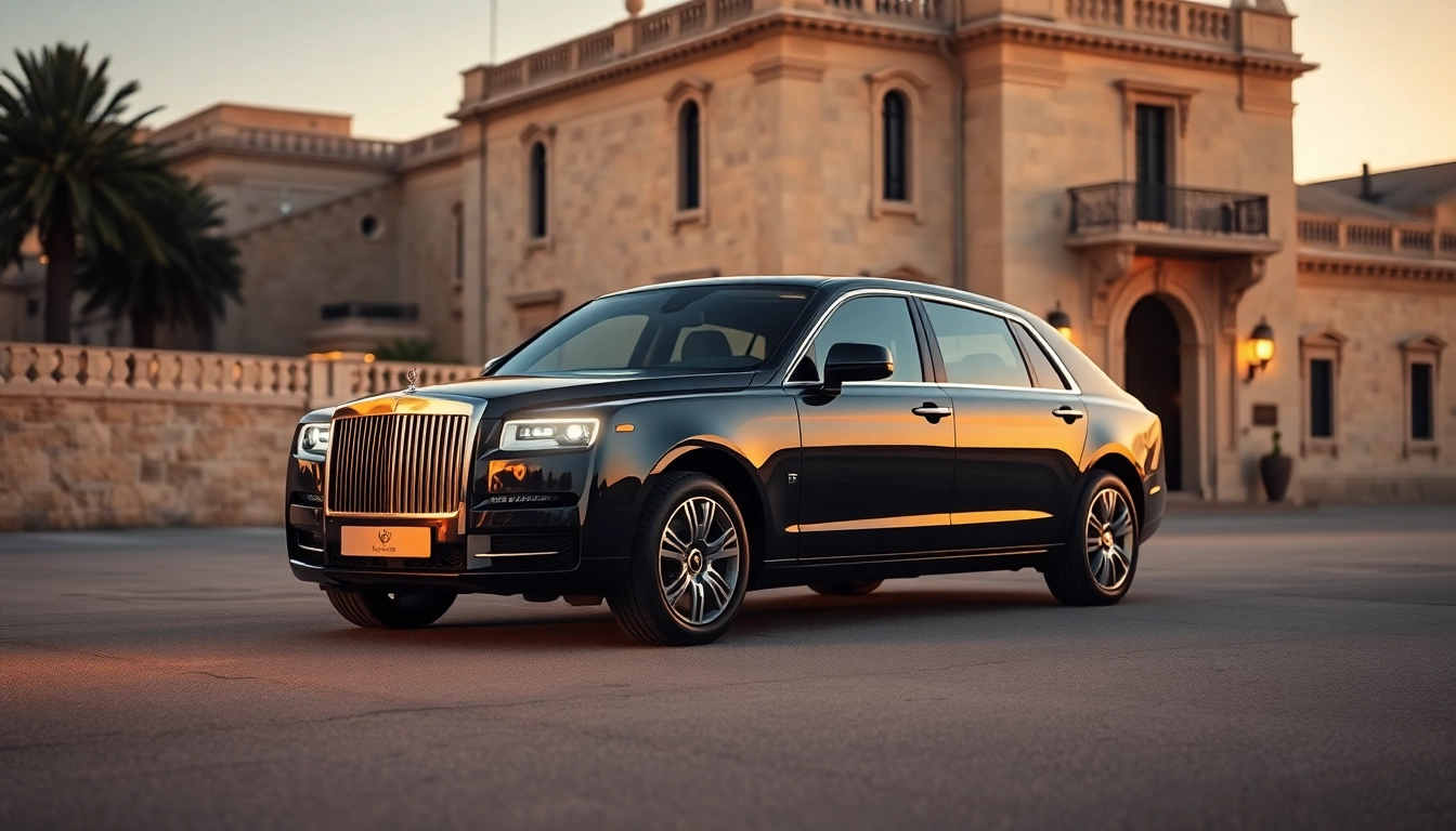 Luxury hire chauffeur Malta offering an elegant vehicle against Malta's beautiful scenery.