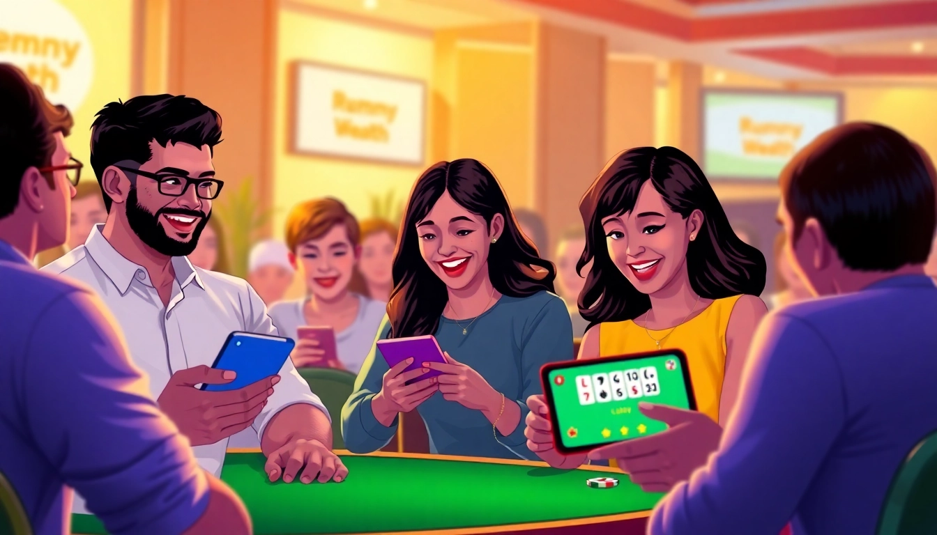 Play Rummy Wealth game on mobile devices with friends in an engaging indoor setting, showcasing joy and excitement.