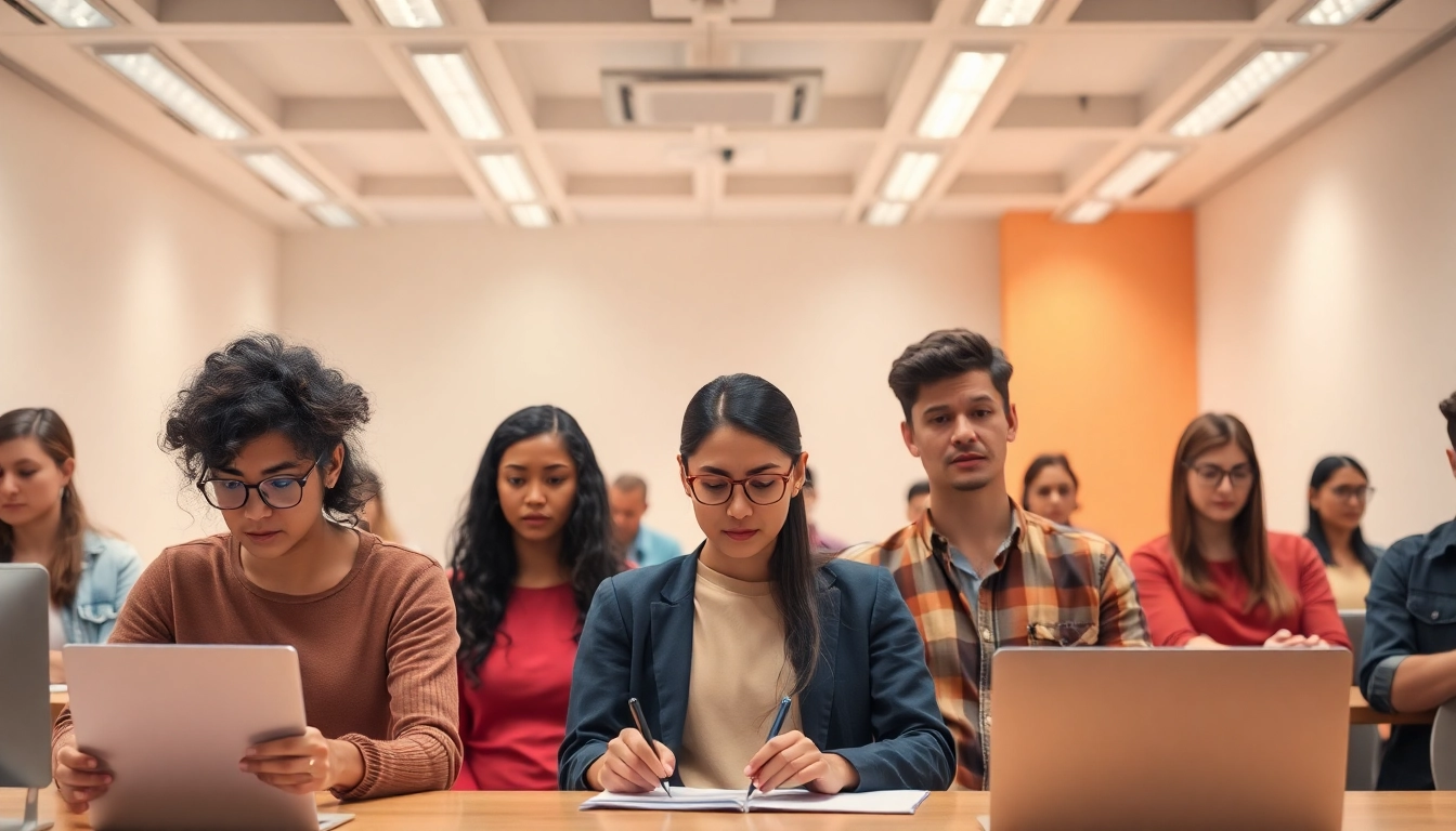 A new kind of aptitude test showing diverse individuals engaged in their assessments under bright lighting.