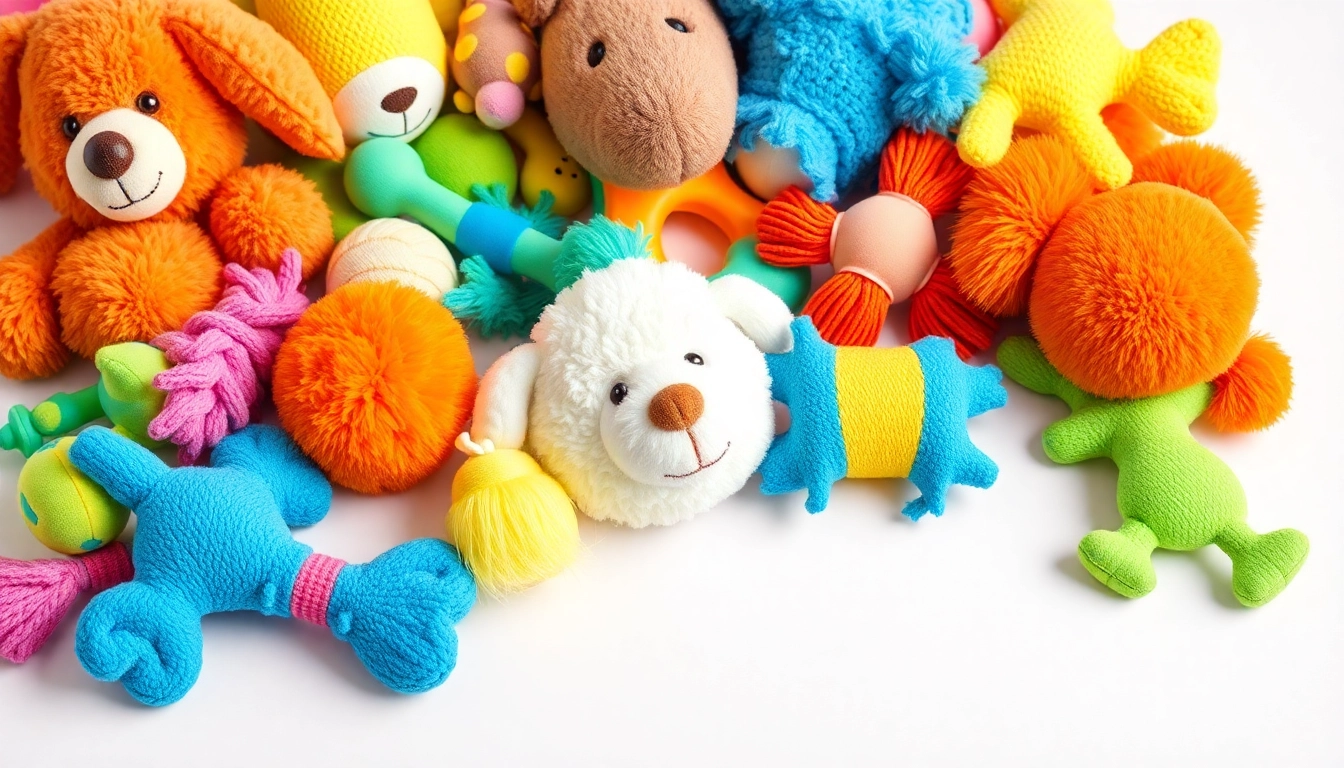 Engaging display of pet toys such as squeaky and chew toys for dogs to enhance playtime.