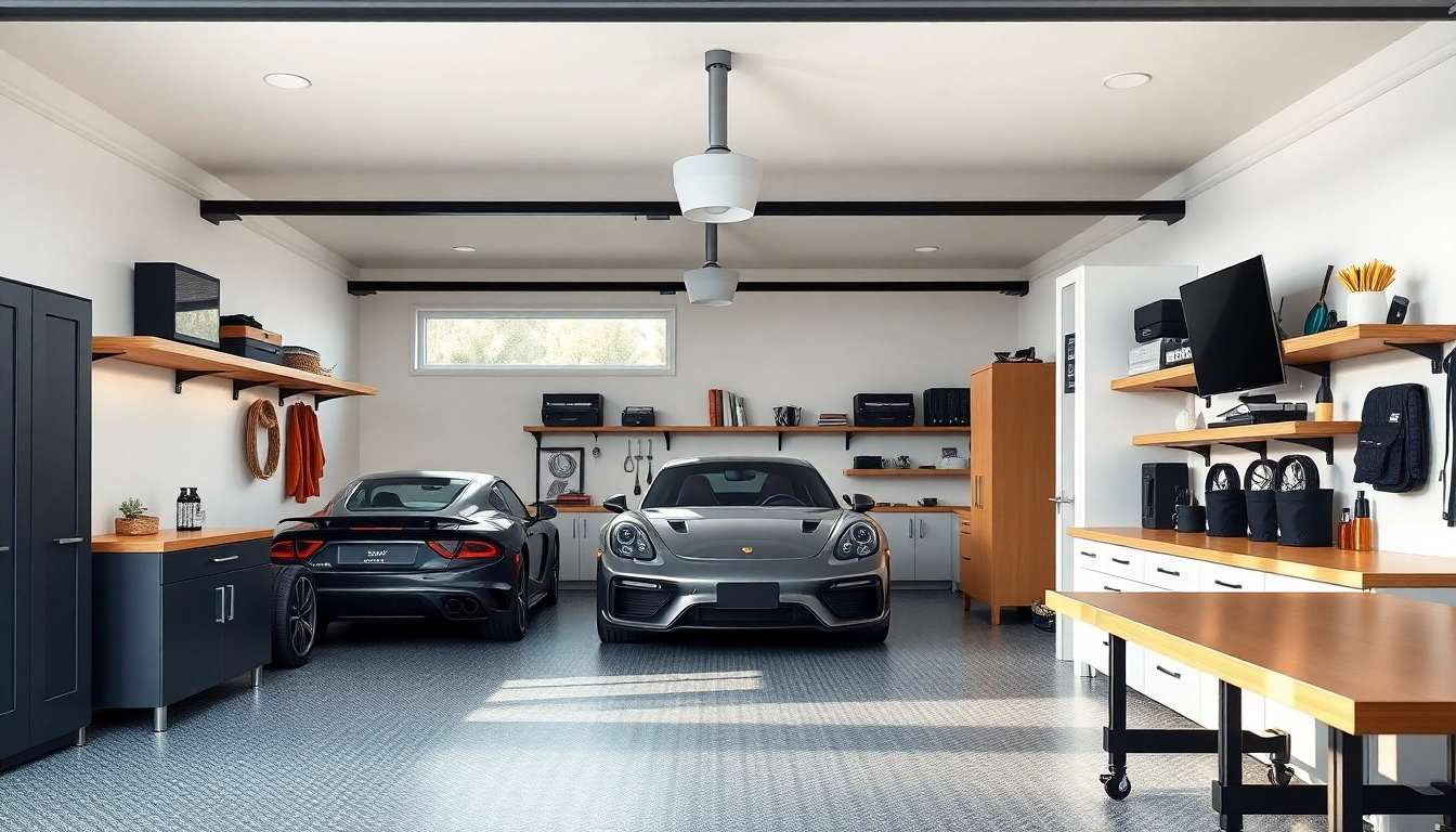 Showcase custom garages with organized storage, modern design elements, and a clean aesthetic.