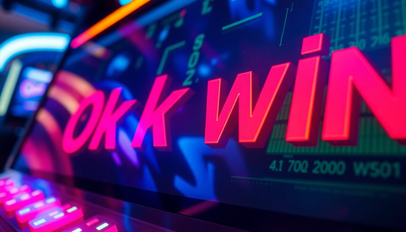 Engage with the ok win gaming interface featuring vibrant neon colors and engaging digital elements.