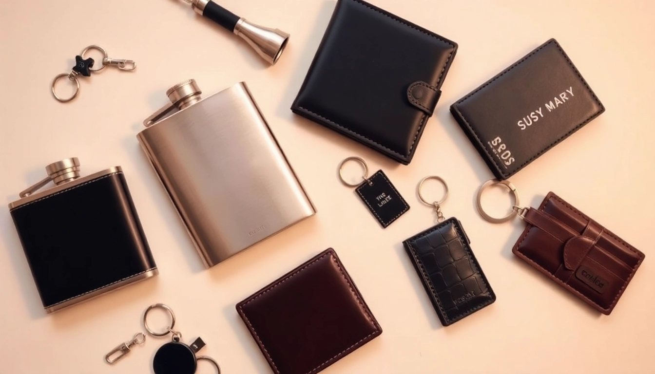 Showcase stylish cheap groomsmen gifts like personalized flasks and wallets in a flat lay arrangement.