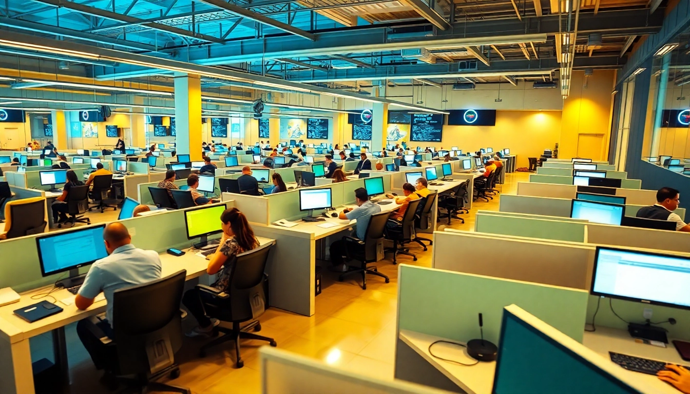 Engaged agents working in a call center in Tijuana, demonstrating a collaborative environment.