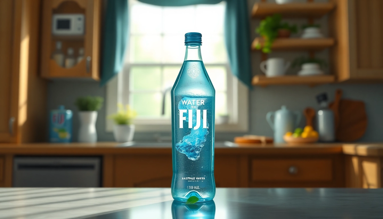 Showcasing a Fiji water bottle recalled due to contamination concerns, set against a serene kitchen background with natural light.