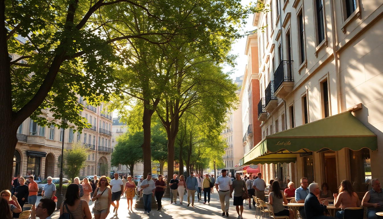 Visit Here to discover a lively city street filled with people enjoying a café experience.