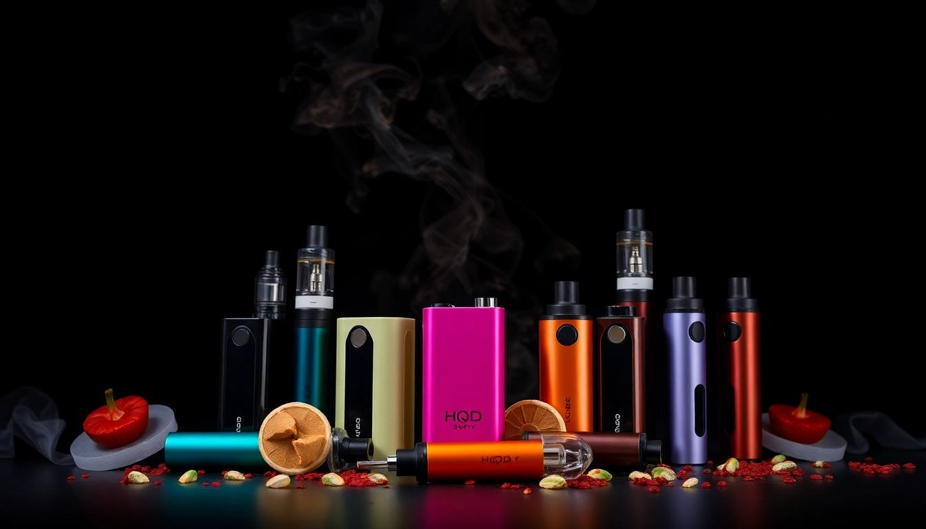 Purchase HQD Surv kaufen with a vibrant display of different vape flavors and devices on a black surface.