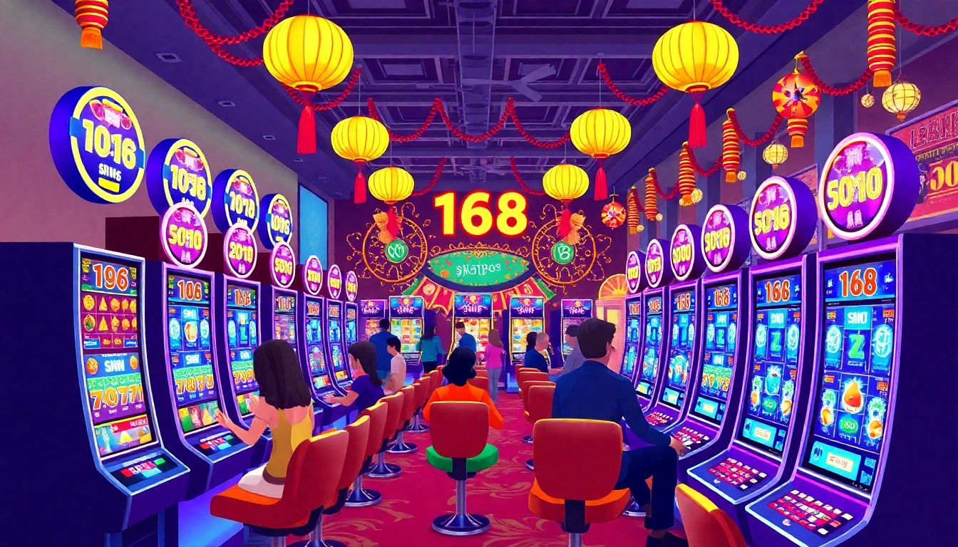 Experience exciting สล็อต168 gaming with lively players and colorful slot machines in a vibrant casino atmosphere.