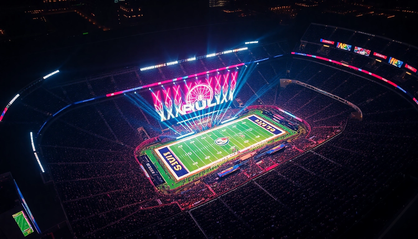 Engage with the exhilarating Super Bowl halftime performance featuring vibrant lights and an energetic crowd atmosphere.