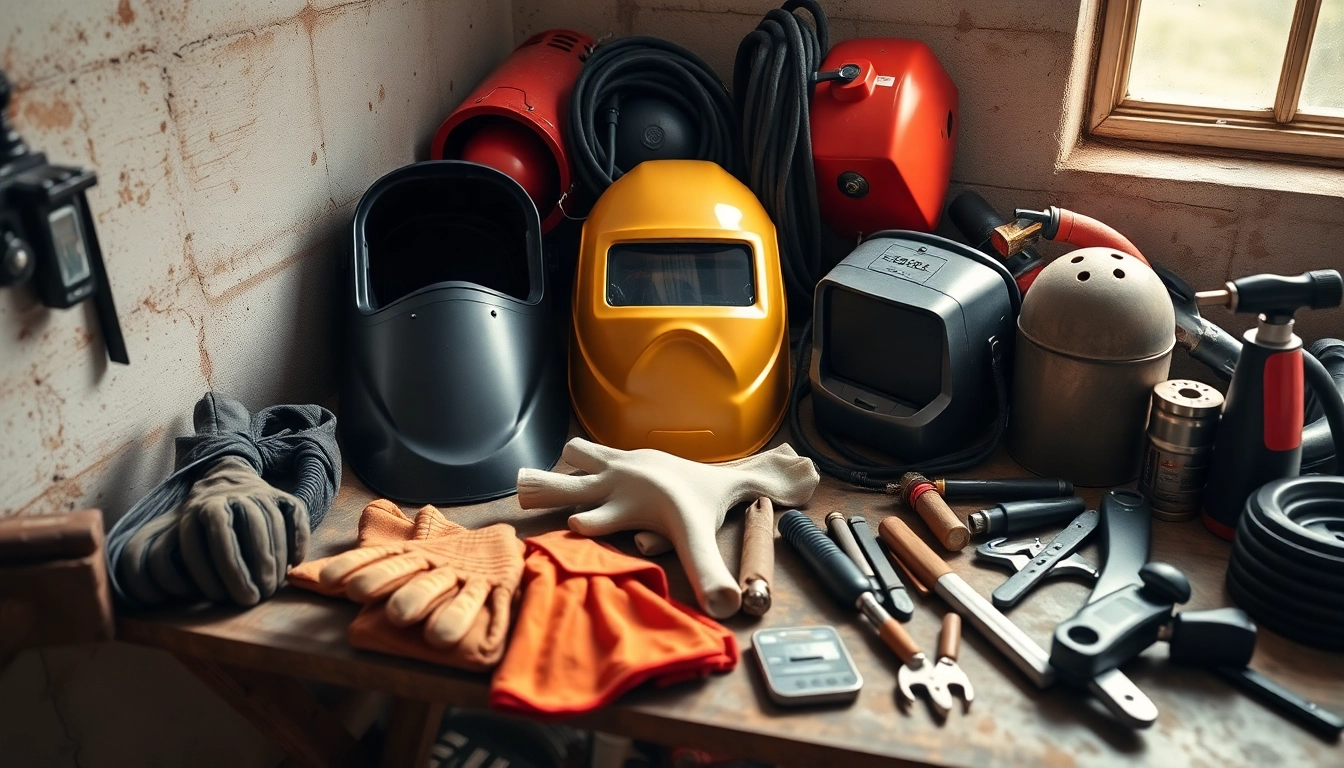 Explore a diverse range of welding supplies including helmets and tools arranged professionally.