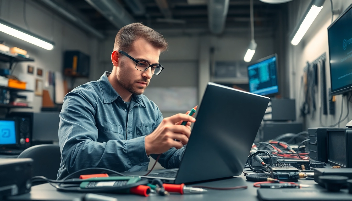 Riparazione pc Torino: Tecnico esperto effettua diagnosi su laptop in un laboratorio urban.