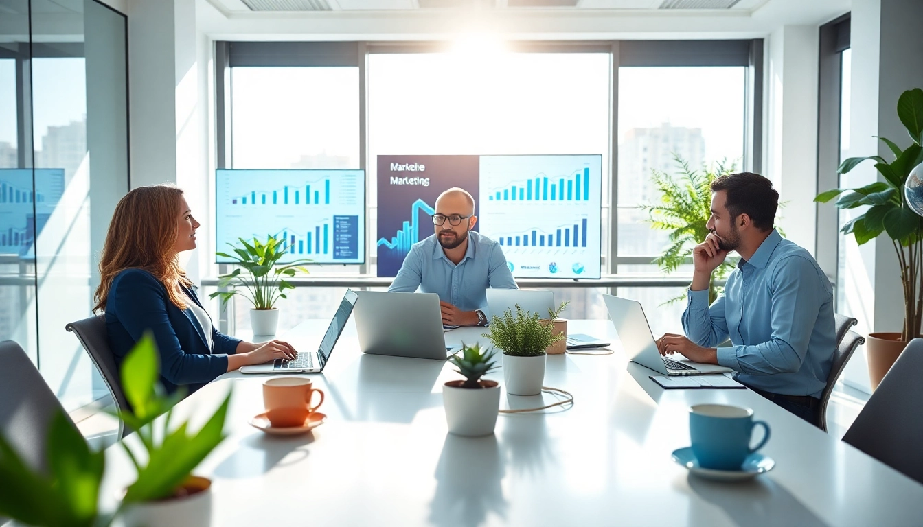 Enhance trade marketing strategies with a collaborative marketing team in a modern office.