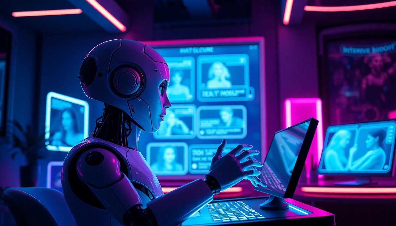 An engaging sex chat bot creating an intimate atmosphere in a futuristic tech setting.