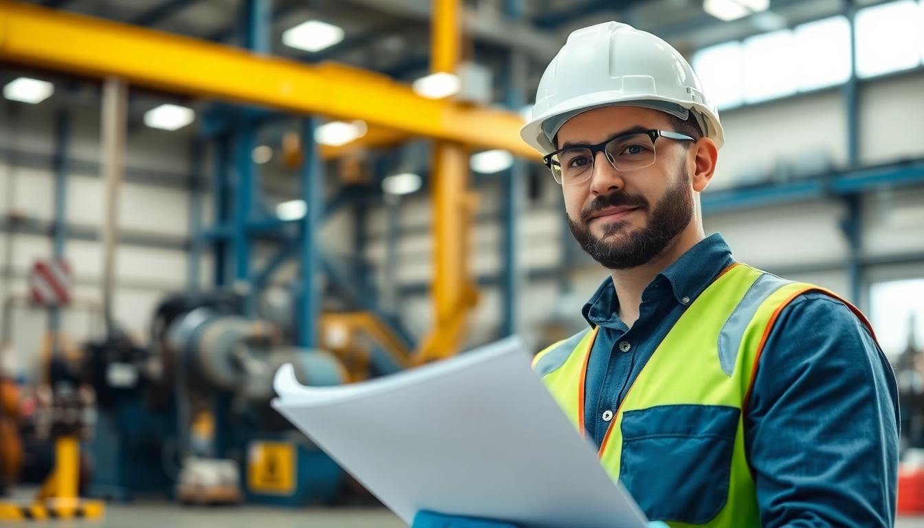 Environmental Health & Safety (EHS) Consultant reviewing safety protocols in a modern industrial setting.