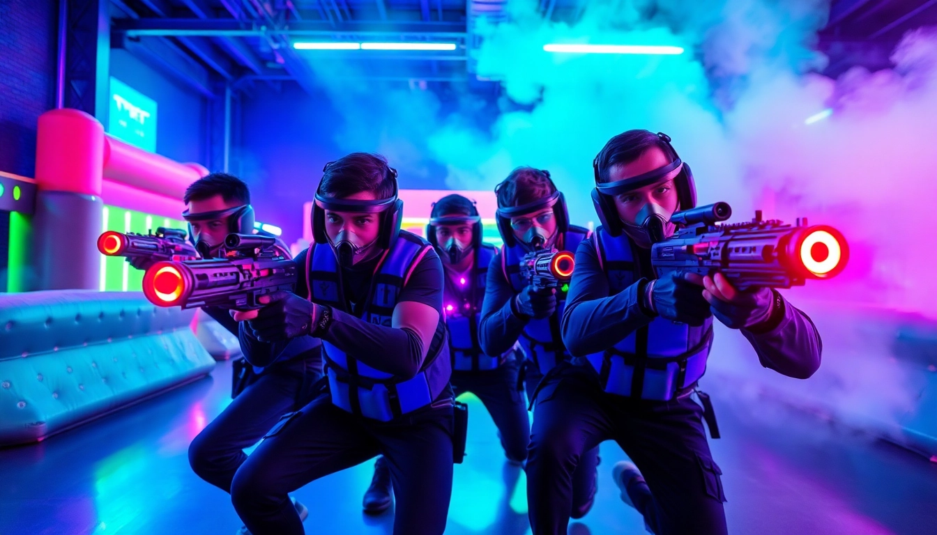 Laser tag players in action, enjoying an intense game in a vibrant arena.