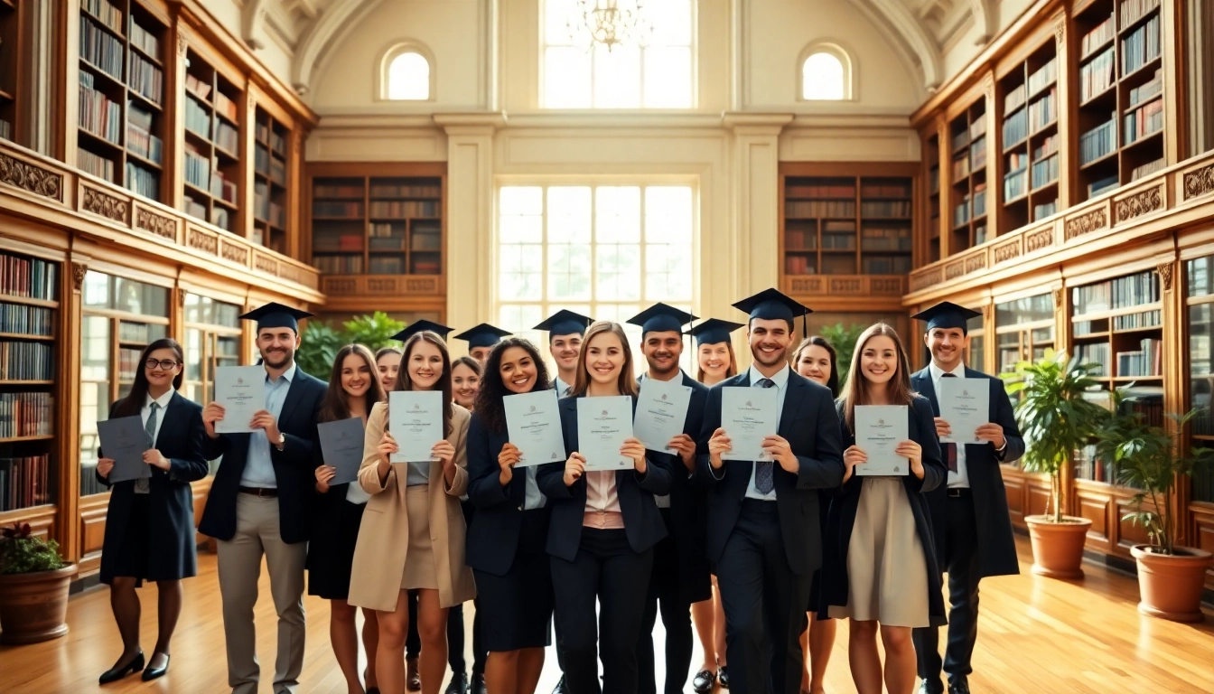 Showcasing proud graduates with their original UK degrees in a historic university hall.