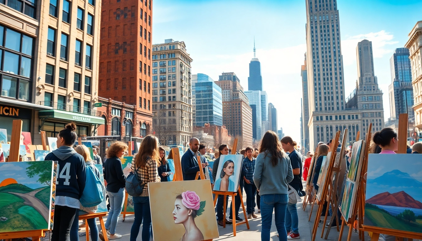 Engage with emerging artists in Chicago showcasing their vibrant artworks in a lively street scene.