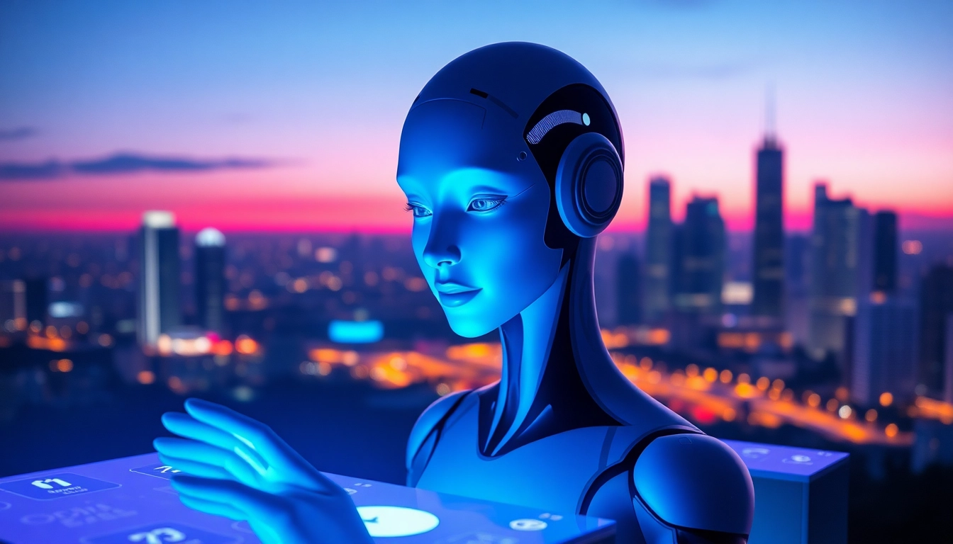 Engaging digital assistant represented as horny AI interacting with holographic displays.