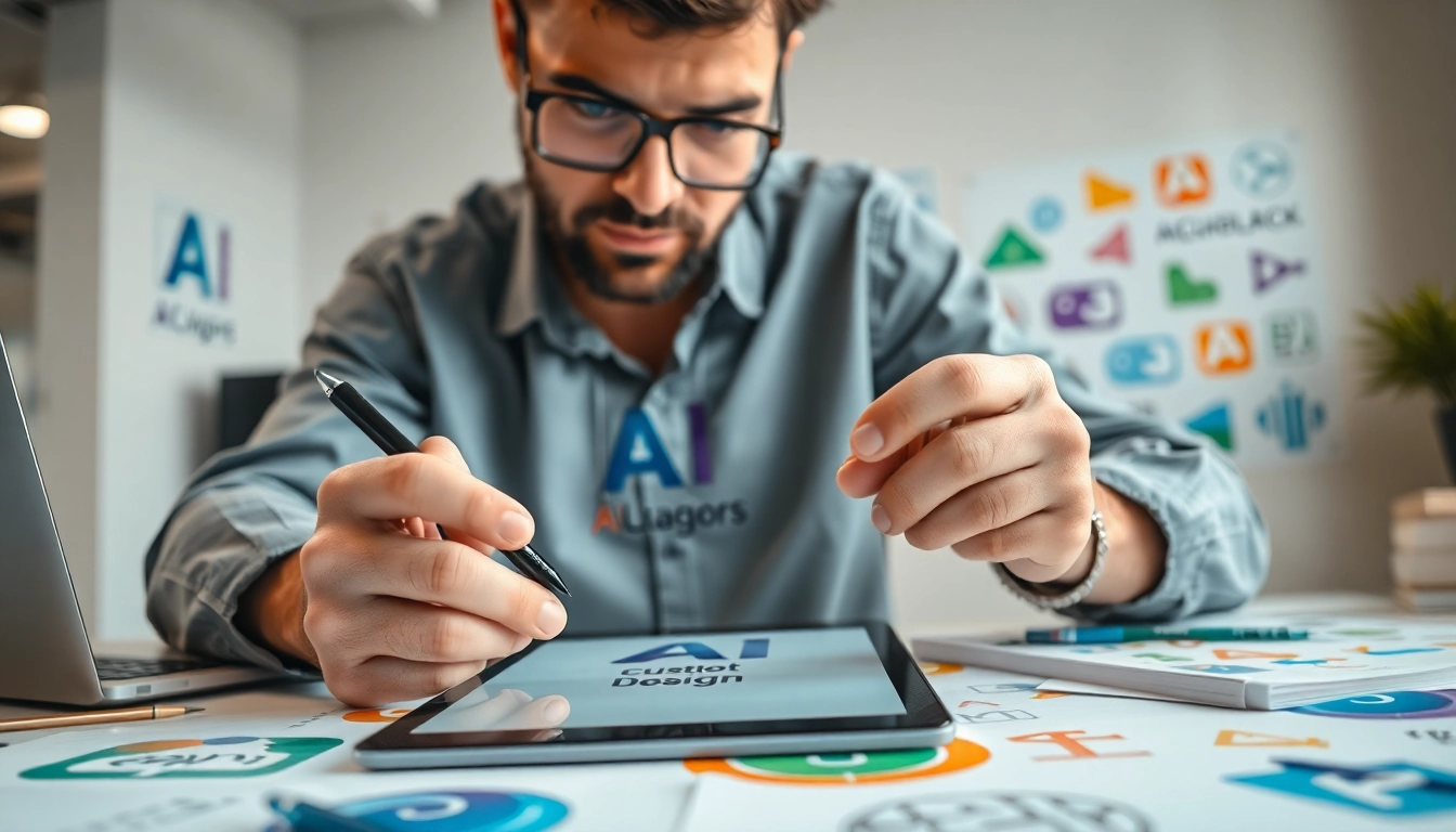 Create a custom AI logo design showcased by a professional designer in a vibrant workspace.