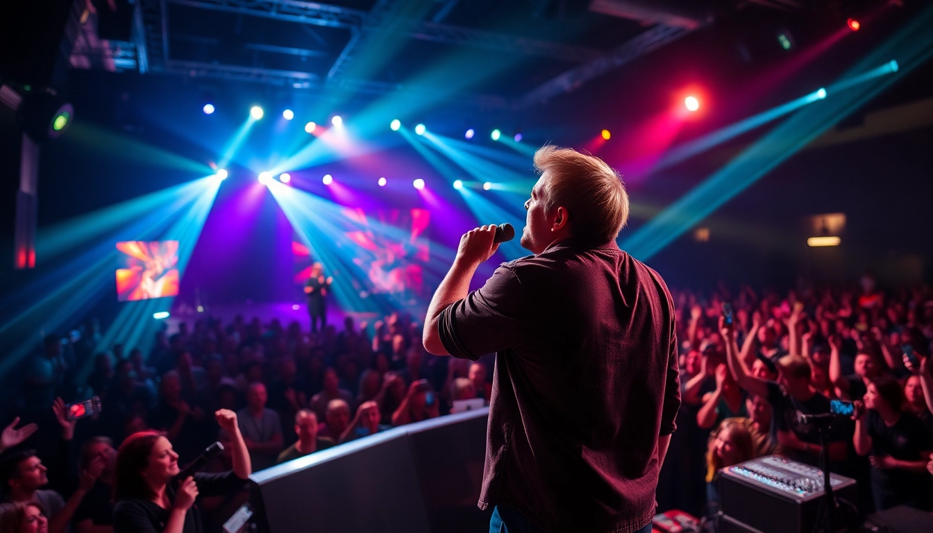 Captivating scene of a musician exuding Streaming Success on stage, engaging an enthusiastic audience.