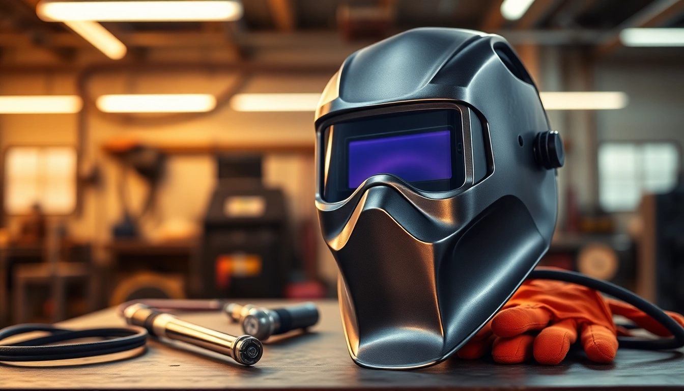 Welding mask showcasing design features on a workbench with welding tools.