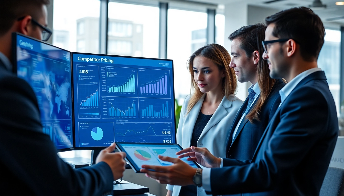 Engaging team performing a competitor pricing analysis in a modern office setting.