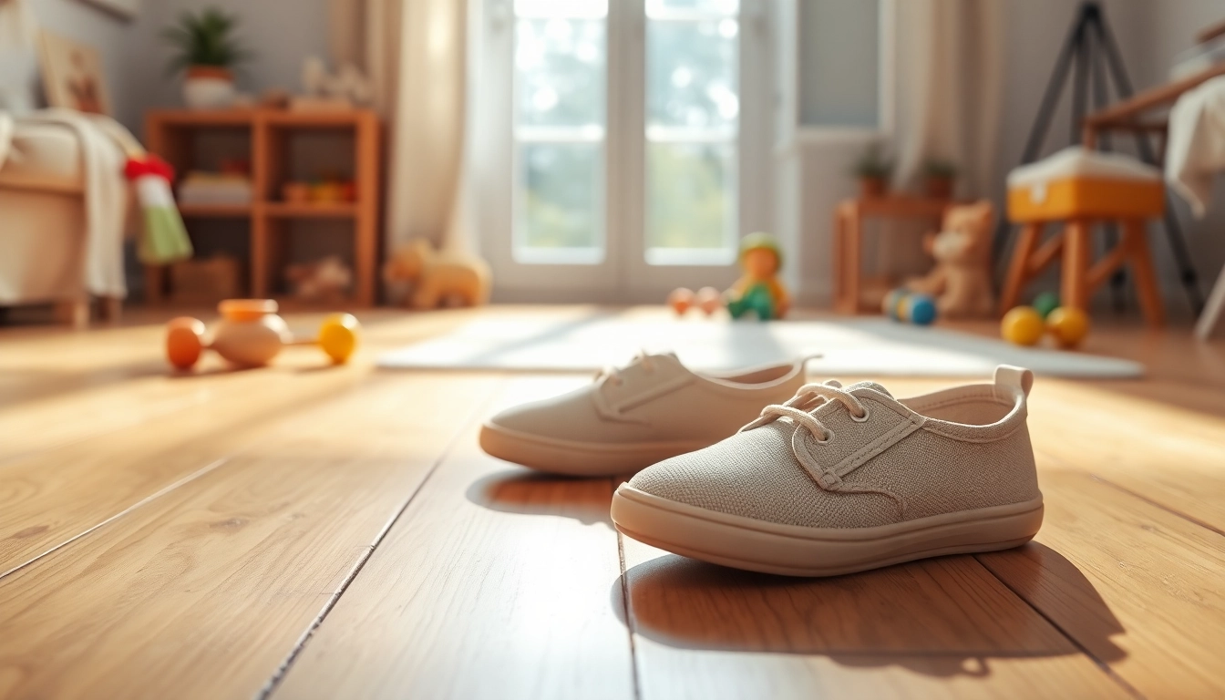 Minimalistische Kinderschuhe auf einem Holzfußboden in einem sonnigen Raum präsentieren ihr leichtes Design.
