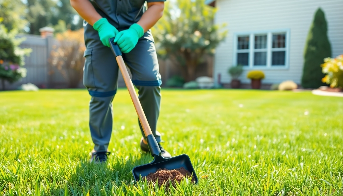 Efficient dog poop cleanup service featuring a technician in action within a clean backyard.