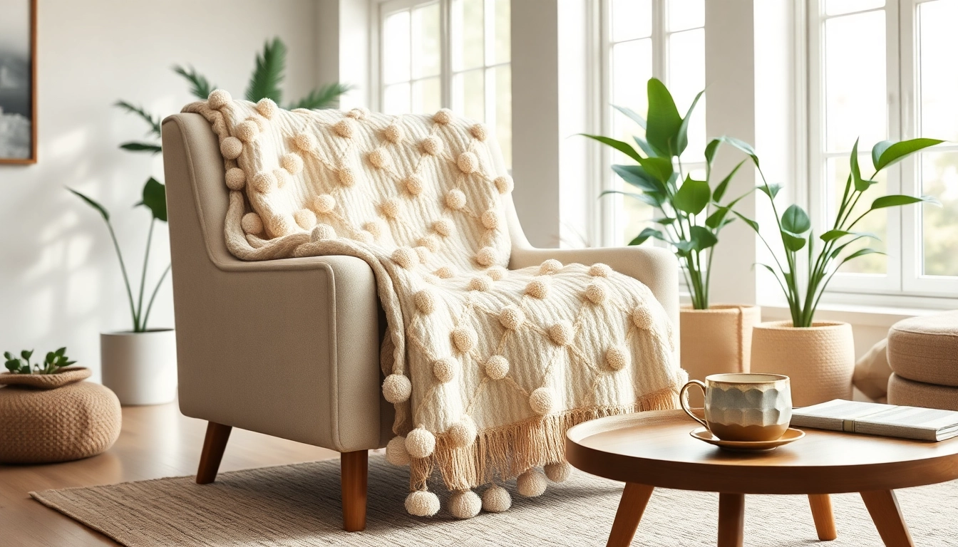 Stylish Moroccan pompom blanket showcased on a chic armchair, from https://labboho.com/collections/pompom-blanket.