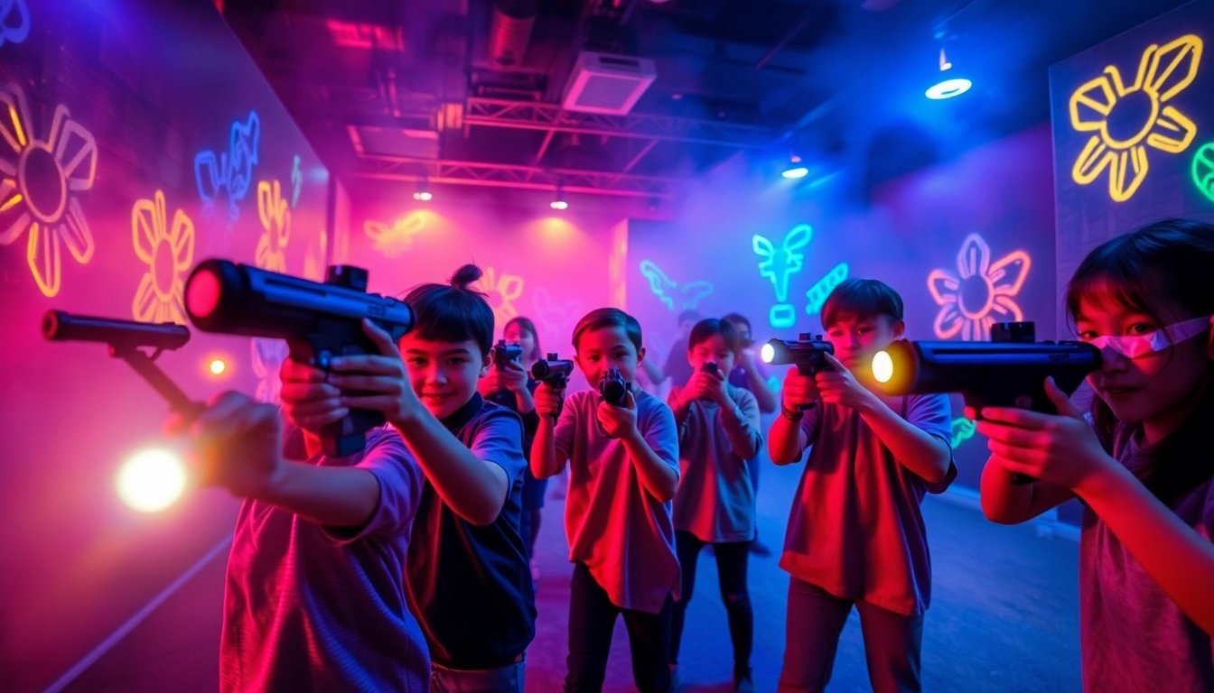 Players engaged in laser tag battle within a vibrant arena filled with colorful lighting and excitement.