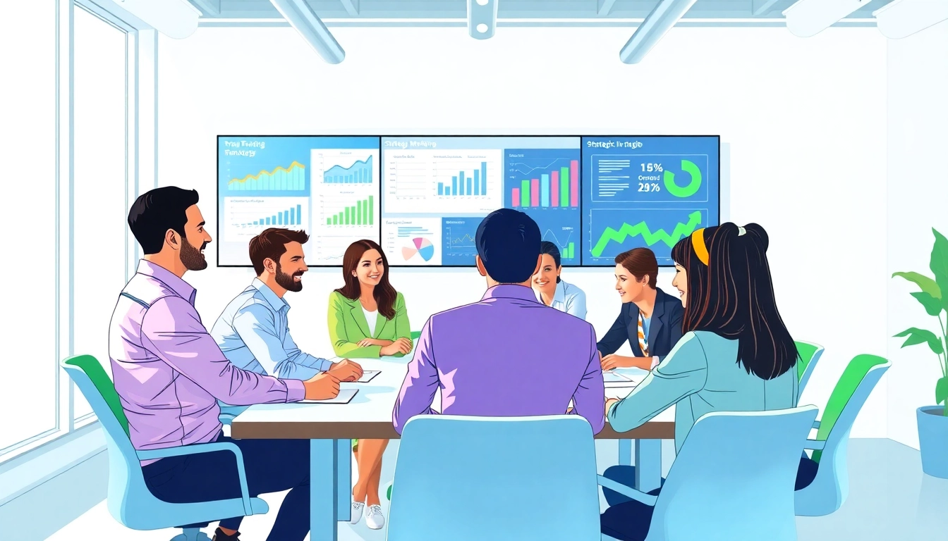 Engage in trade marketing strategy discussions with a diverse team in a professional setting.