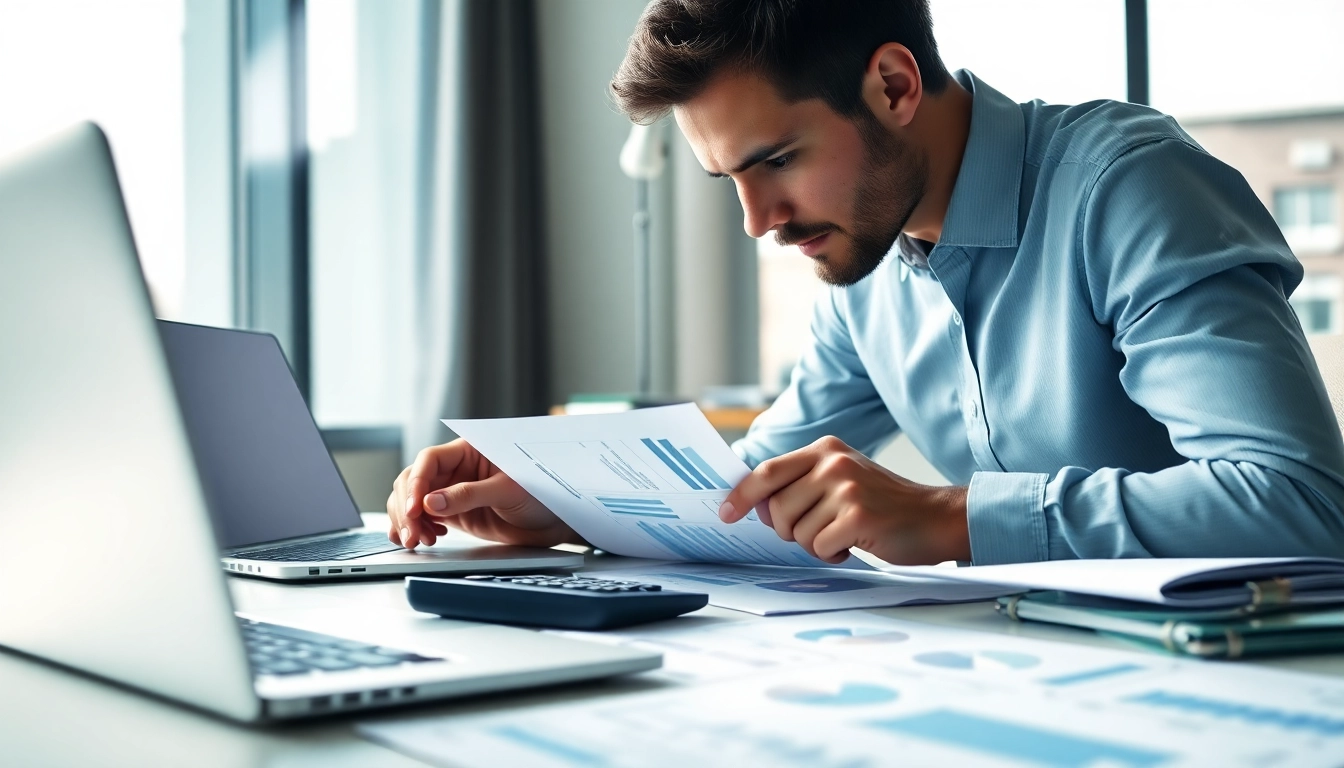 Accountant performing an impairment test analyzing financial reports in a professional office.