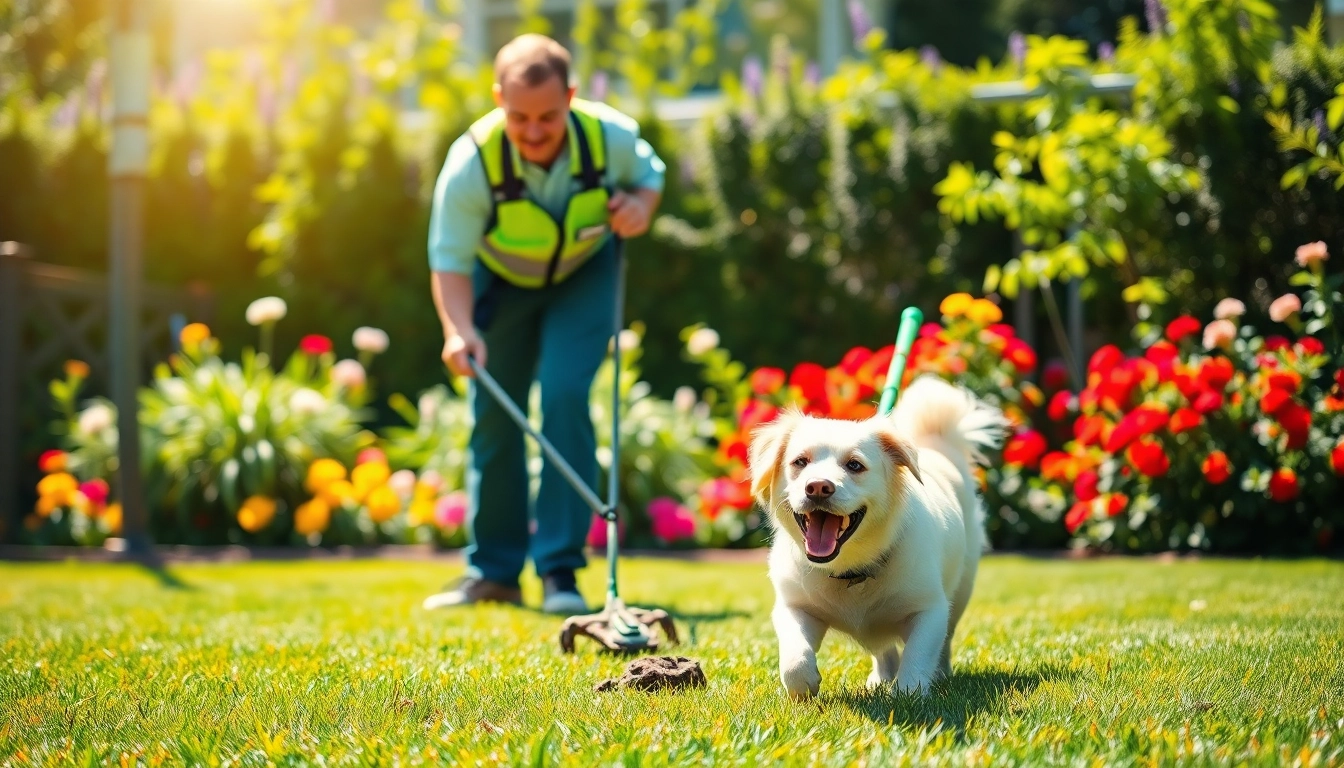 Dog clean up service technician cleaning a yard while a happy dog plays nearby.
