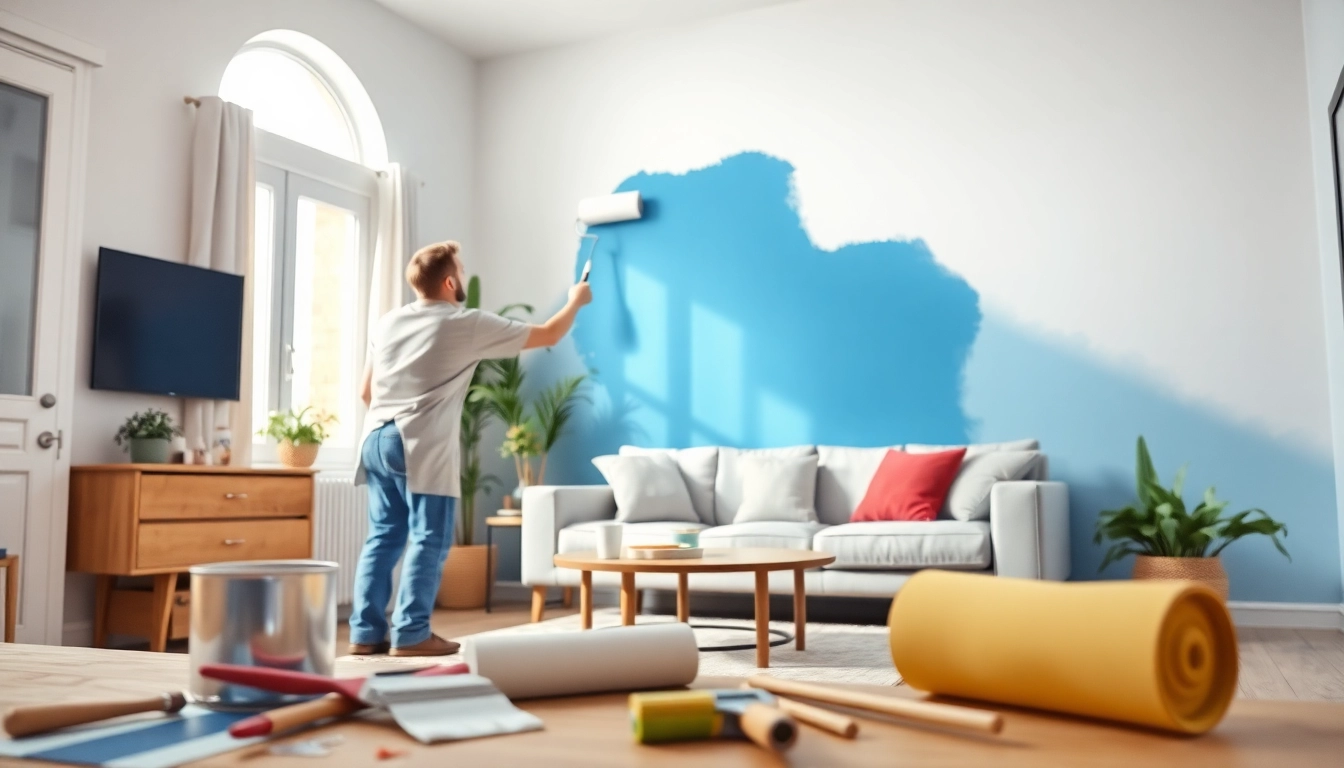 Skilled painter applying vibrant interior painting in a cozy living room with decor elements.