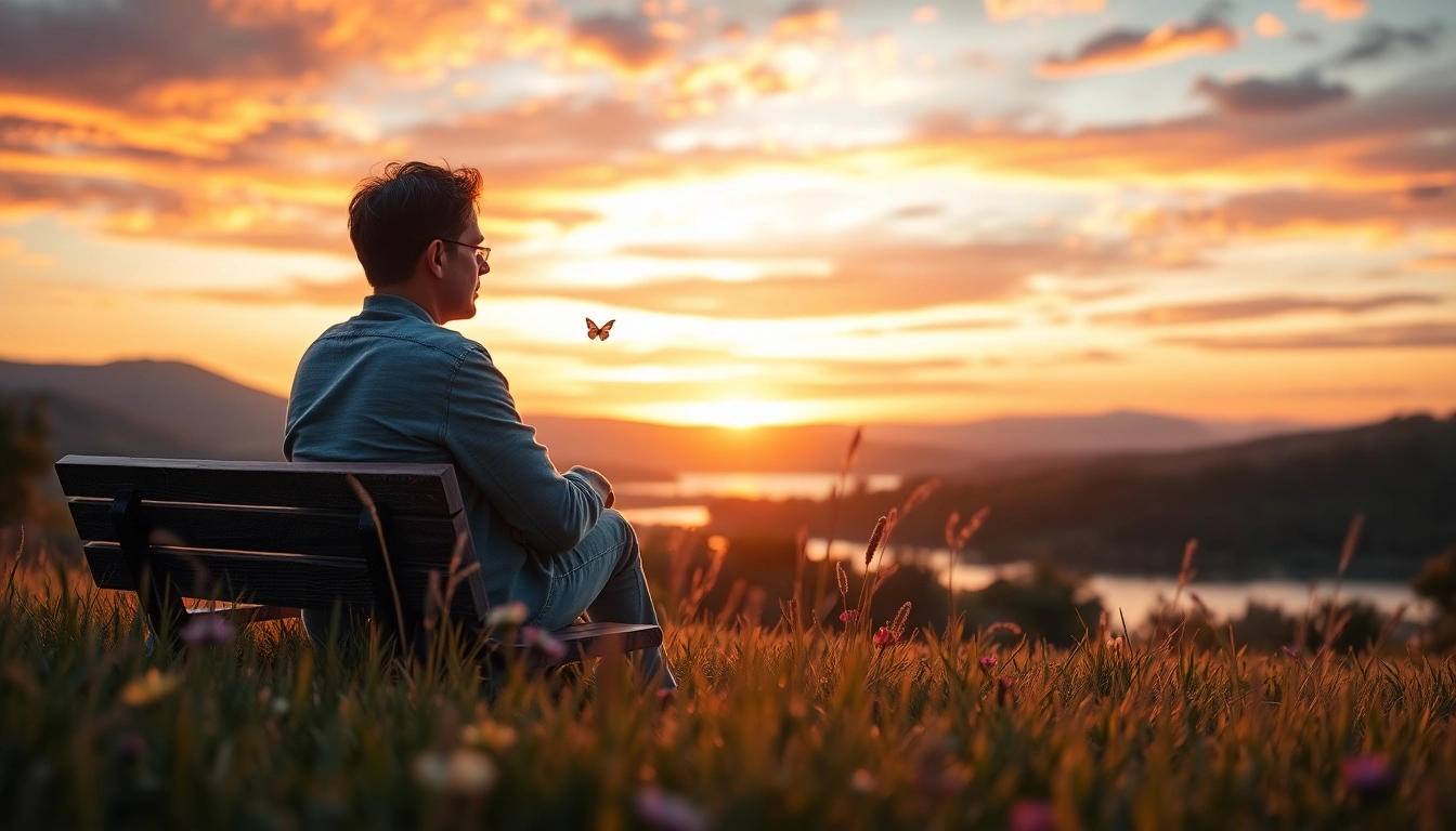 A person dealing with grief finds solace on a bench by a tranquil lake at sunset.