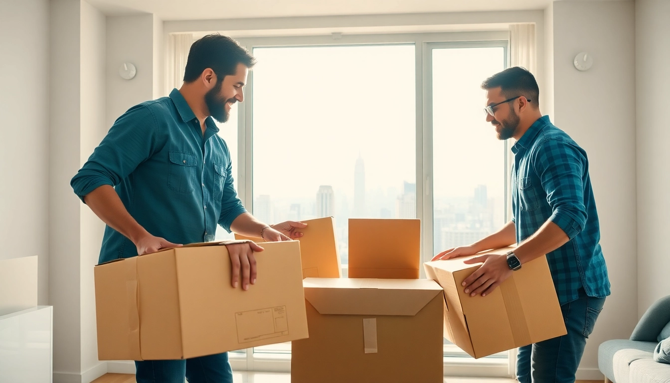 Couples engaging with cheap movers NYC while packing in a bright NYC apartment.