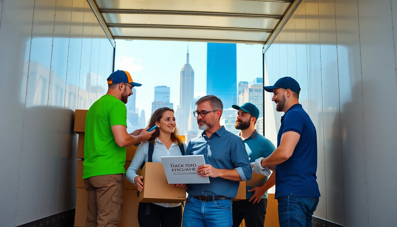 Moving team showcasing cheap movers nyc while packing a truck against the NYC skyline.