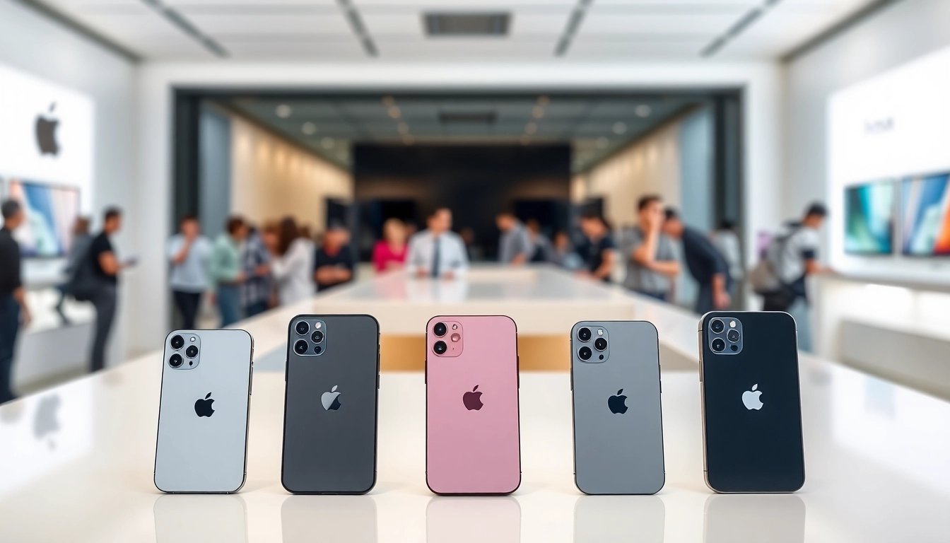 Explore options to buy iPhone, showcasing various new models at a modern Apple Store.