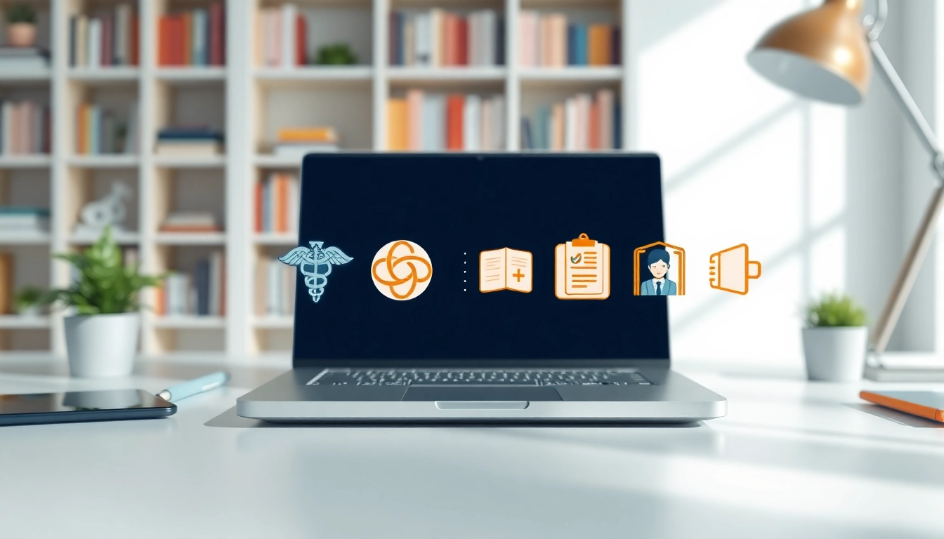 Engaging icons representing various industries on a modern workspace, highlighting creativity.