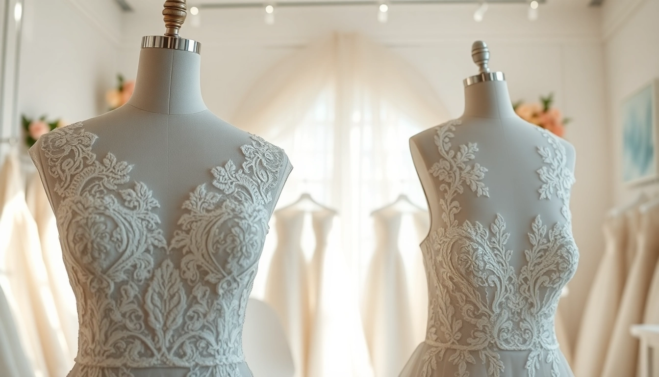 Discover stunning lace wedding dresses featuring intricate details in an elegant boutique.