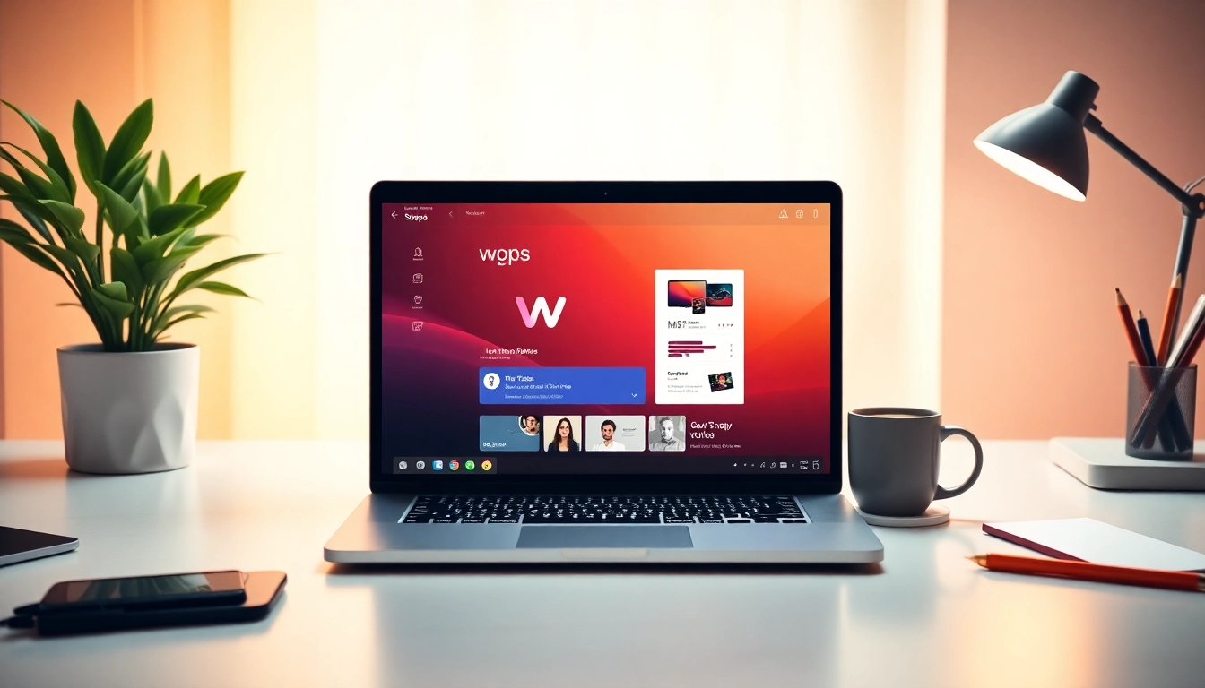 Showcase a modern workspace with wps displayed on a laptop, featuring warm lighting and productivity props.