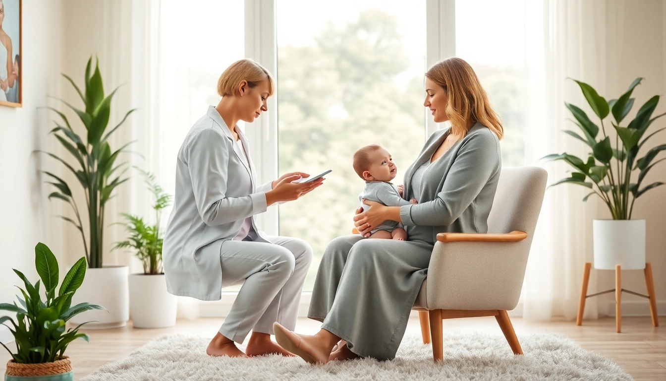 Engaging postpartum depression treatment session between a mother and therapist in a comforting environment.