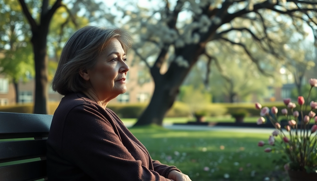 Woman dealing with grief reflects while sitting in a tranquil park setting under soft natural light.