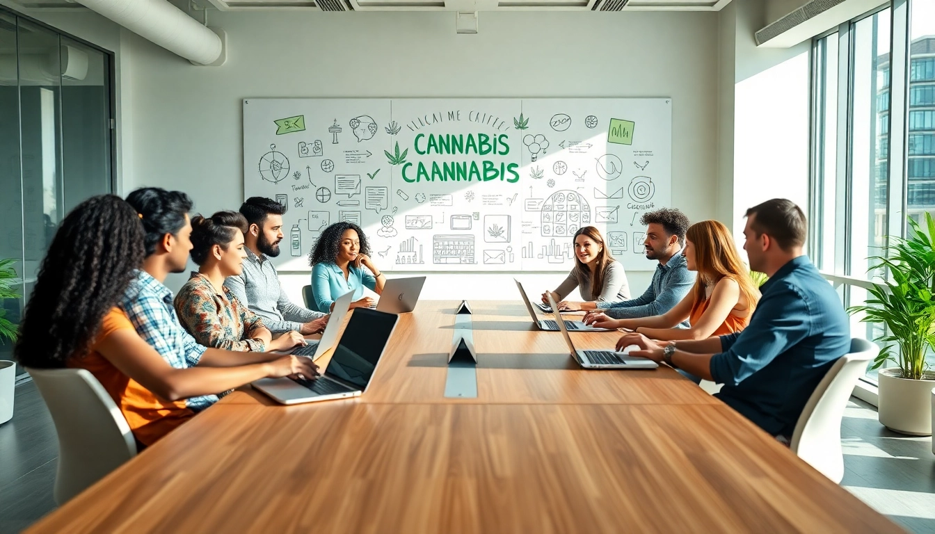 Cannabis marketing agency team brainstorming innovative strategies in a bright office.