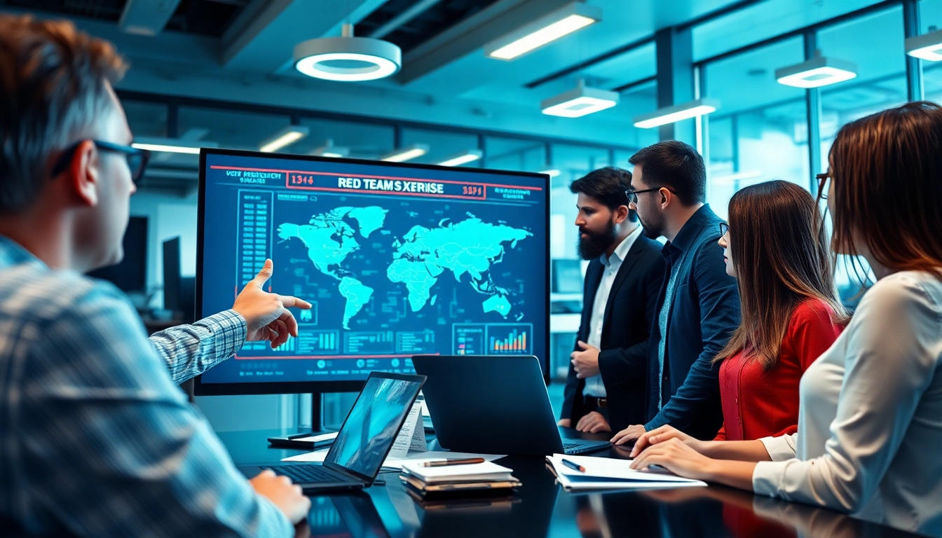 Red teaming: Cybersecurity team collaborating on a digital security map in a high-tech office.