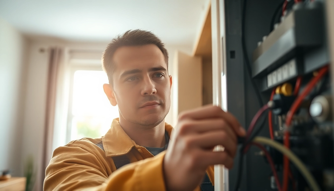Electrician performing Electrical Service installation in a residential setting with attention to detail.