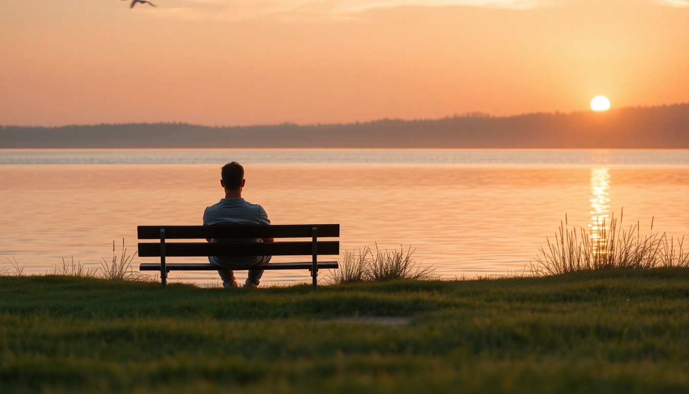 Individual reflecting by a lake, showcasing dealing with grief in a serene environment.