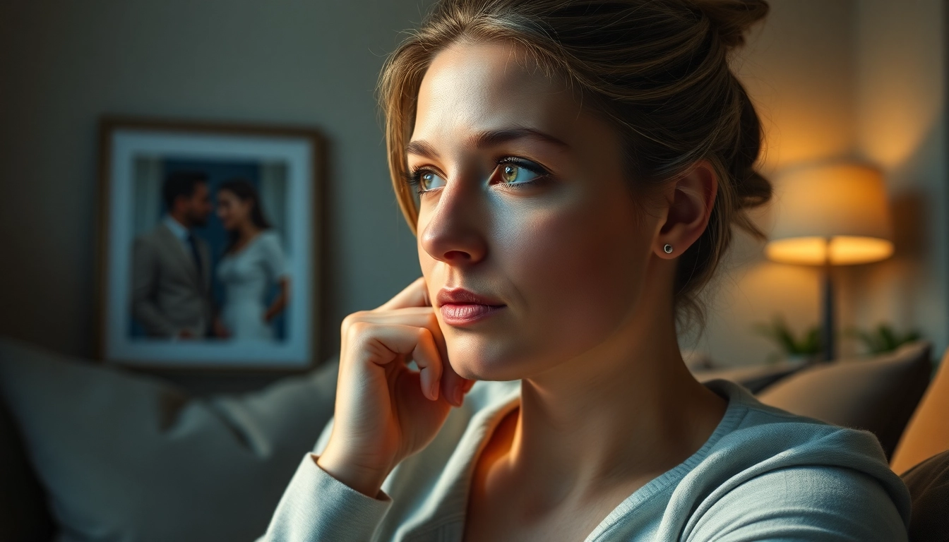 Contemplating emotions during a relationship breakup in a cozy living room.