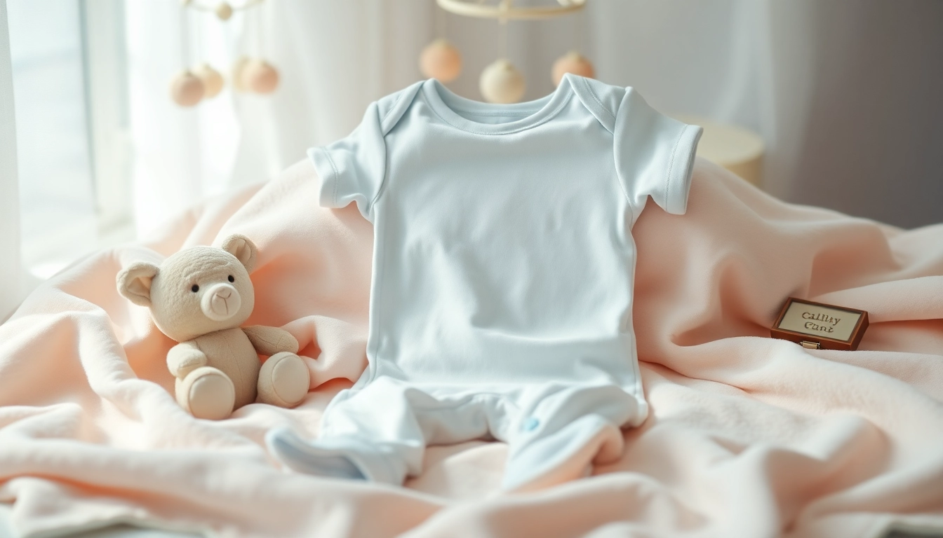 Showcasing a soft Baby onesie on a pastel blanket with toys creating a nurturing atmosphere.